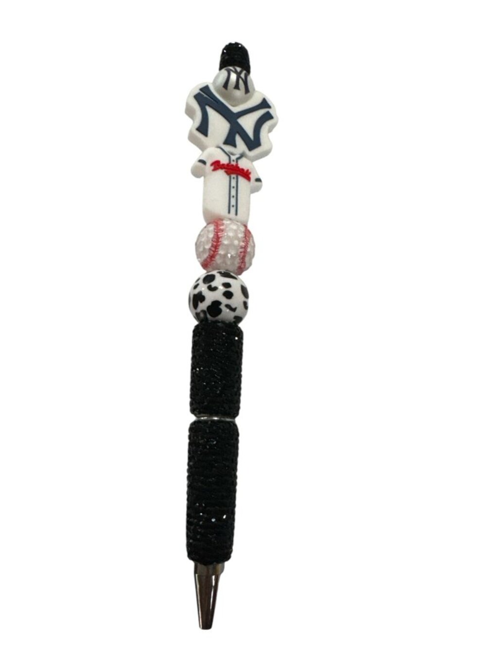 New York Yankees Themed Beaded Baseball Pen With Black Glitter Grip